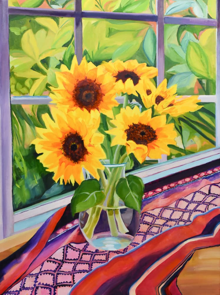 Bright Sunflowers Window View by Maxine Shore — canvas wall art