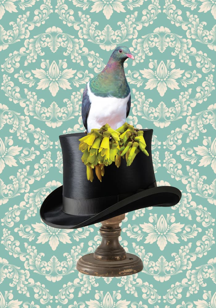 Kereru With Kowhai Hat by Sue Skellern — canvas wall art