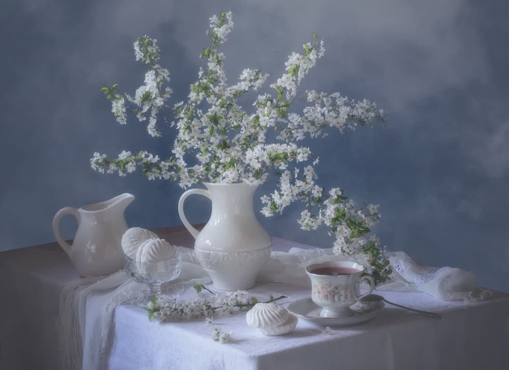 White Blooms Tea Time by Tatyana Skorokhod — canvas wall art