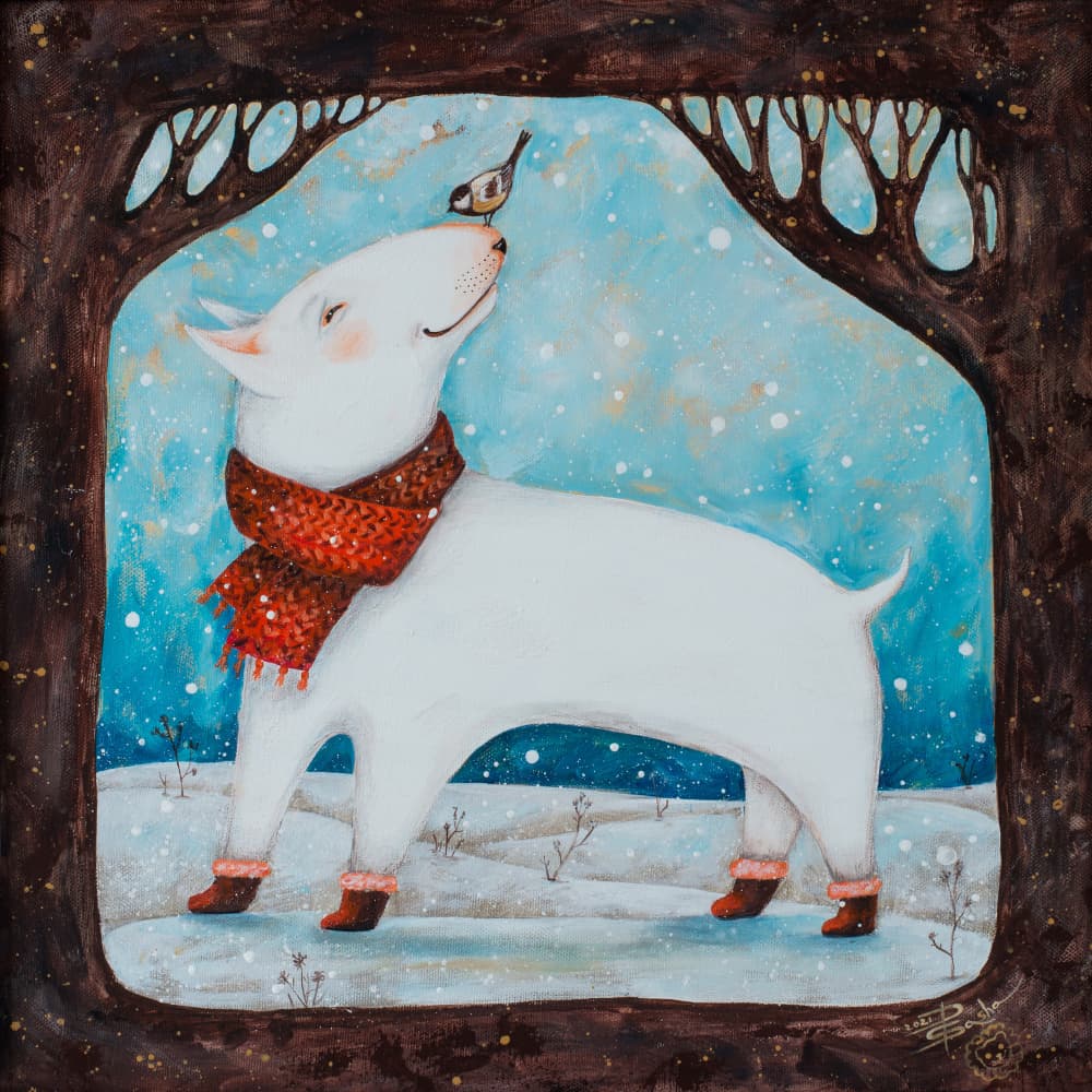 Snowy Bull Terrier Friend by Aleksandra Paranchenko — canvas wall art