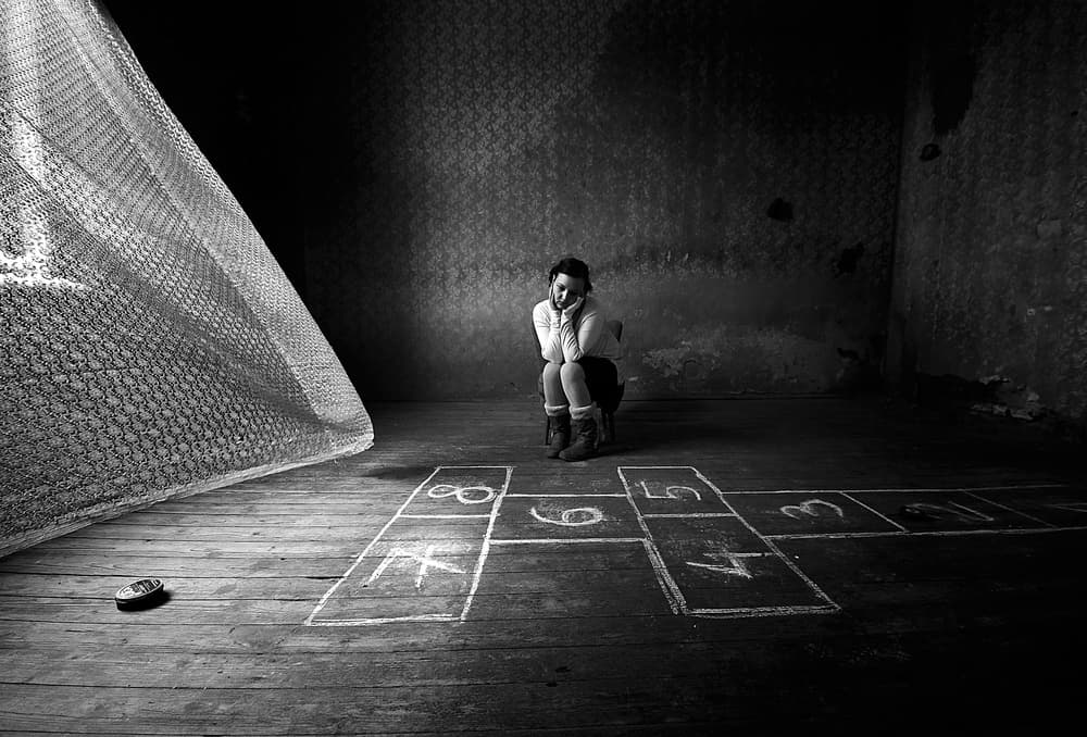 Pensive Child Hopscotch by mario grobenski - psychodaddy — canvas wall art