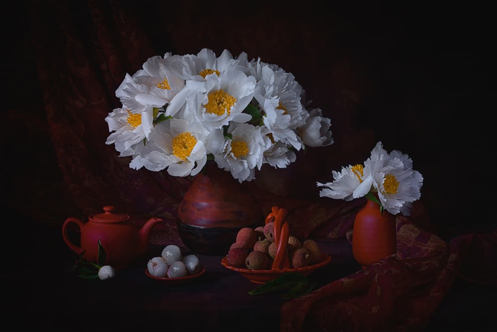 Moody Peonies and Lychees by Lydia Jacobs — canvas wall art