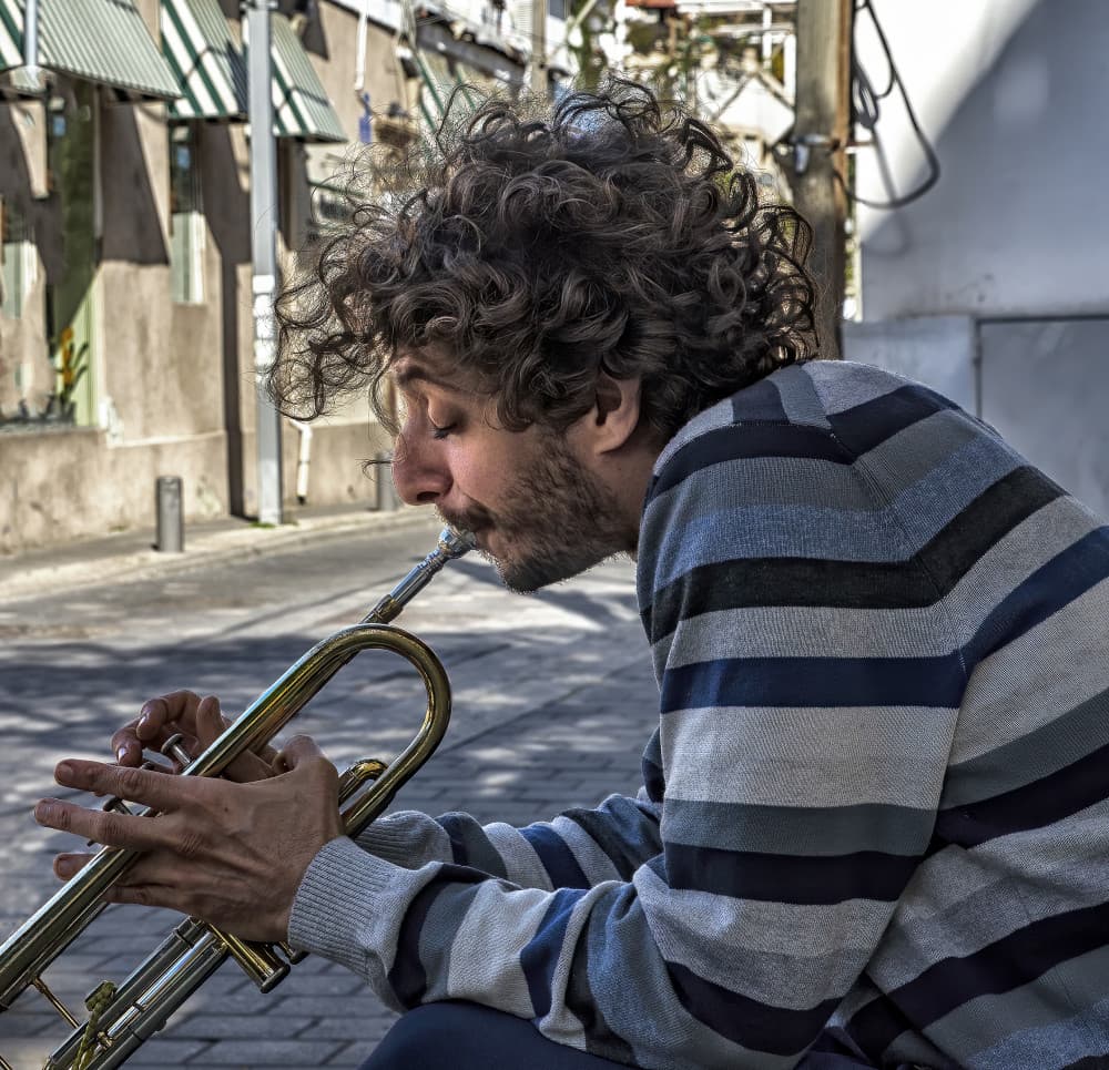 Street Musician Plays Trumpet by zyfeller — canvas wall art
