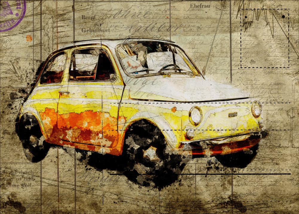Vintage Yellow Fiat 500 by Lembayung senja studio [Vintage Poster] — canvas wall art