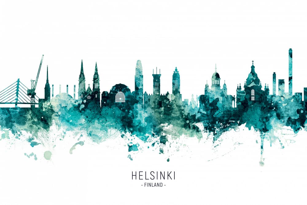 Helsinki Skyline Watercolor by Michael Tompsett — canvas wall art