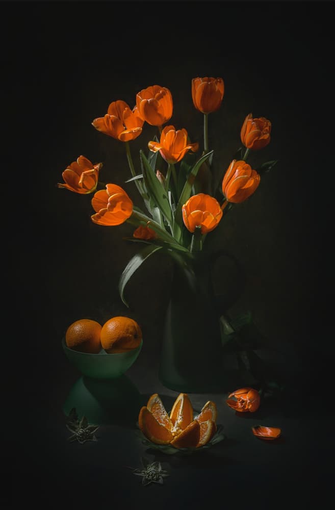 Orange Tulips Still Life by Lydia Jacobs — canvas wall art