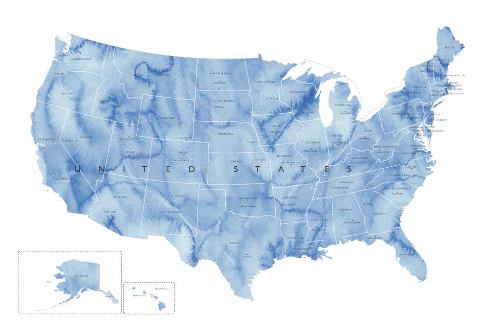 United States Watercolor Map by Rosana Laiz Blursbyai — canvas wall art