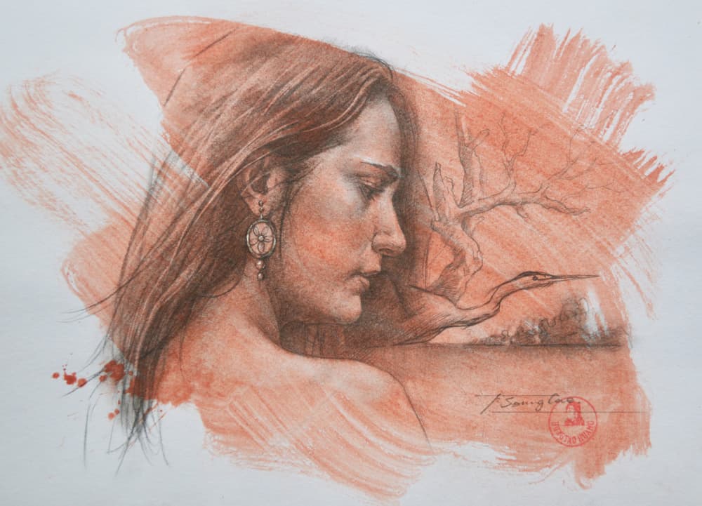 Serene Woman and Bird by Hongtao Huang — canvas wall art