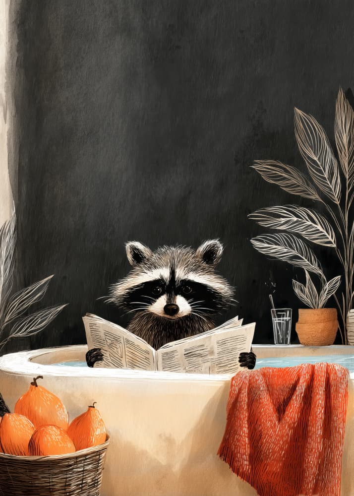 Raccoon Reading in Bath by Justyna Jaszke — canvas wall art