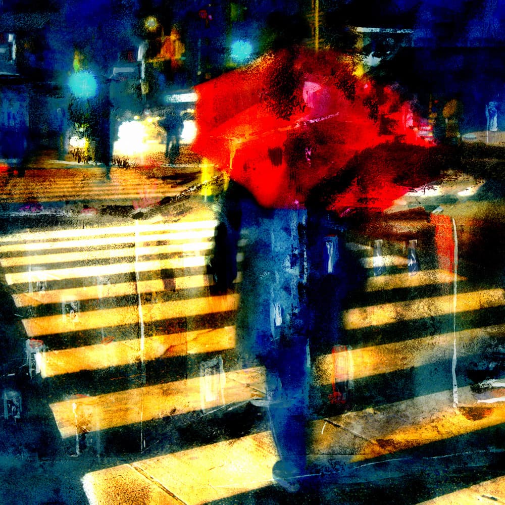 Red Umbrella City Rain by Rudi Jacobs — canvas wall art