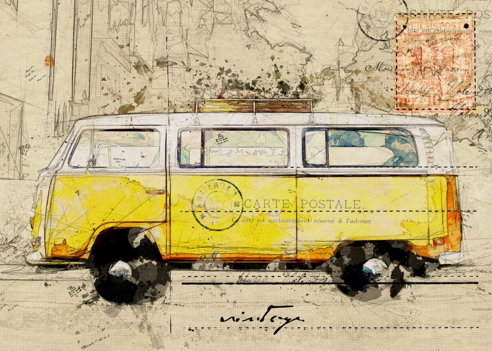 Yellow Van Travel Sketch by Lembayung senja studio [Vintage Poster] — canvas wall art