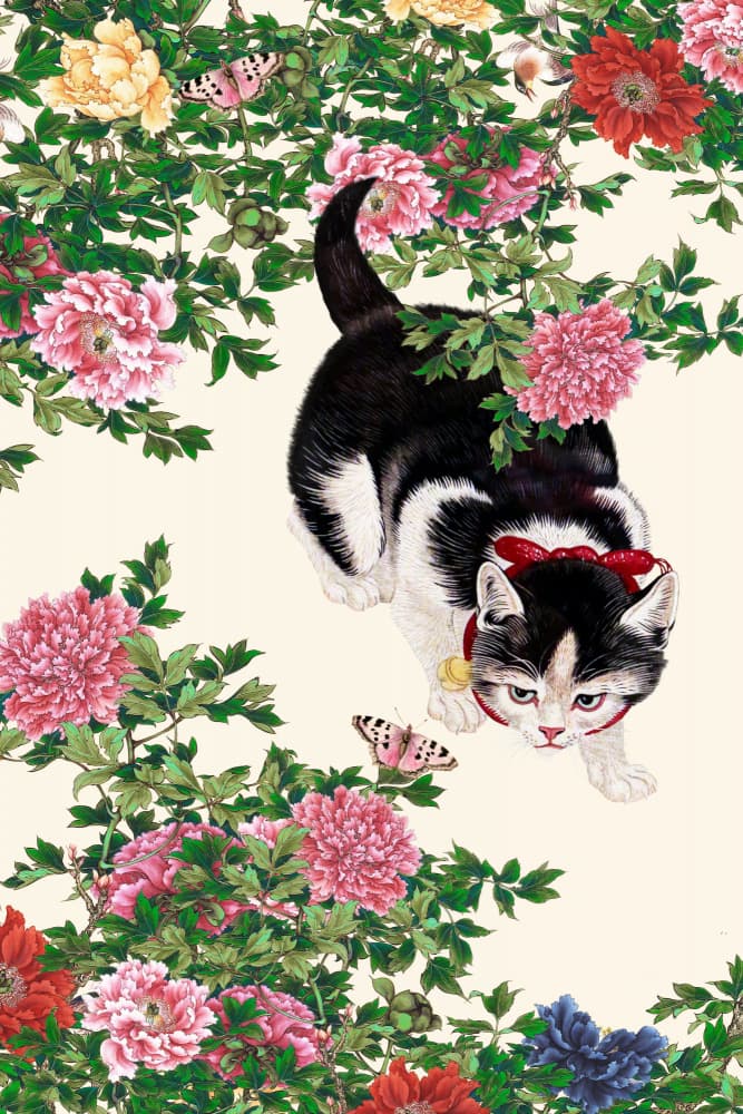 Curious Cat Peonies by Marja van den Hurk — canvas wall art