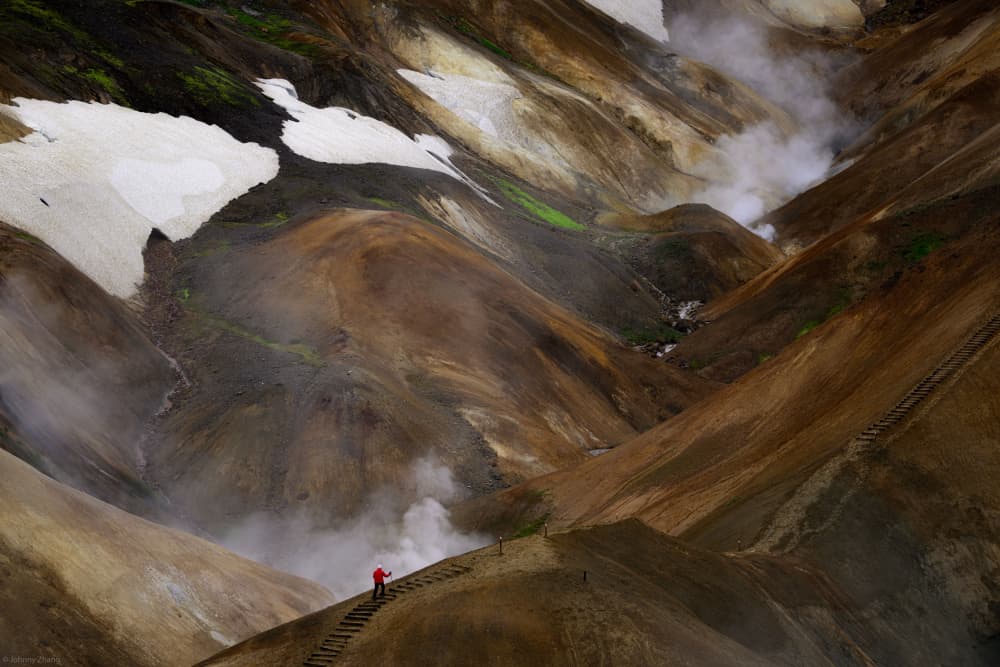 Hiker in Geothermal Valley by Johnny Zhang — canvas wall art