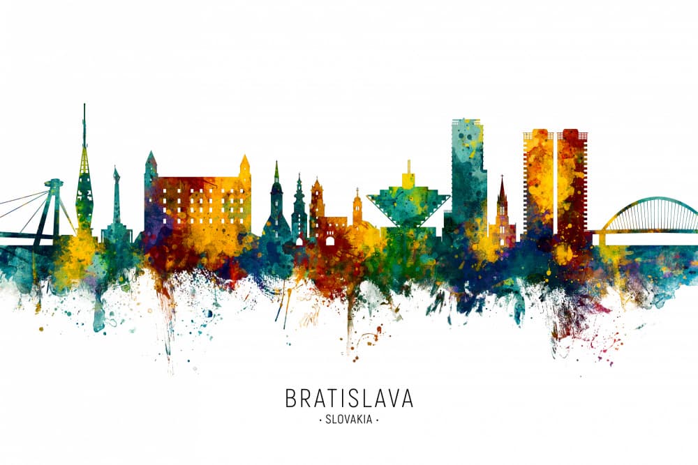 Bratislava Watercolor Skyline by Michael Tompsett — canvas wall art