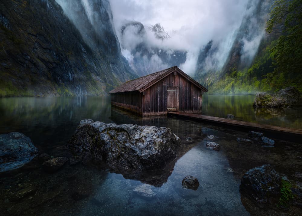 Misty Mountain Boathouse by Juan Pablo de Miguel — canvas wall art