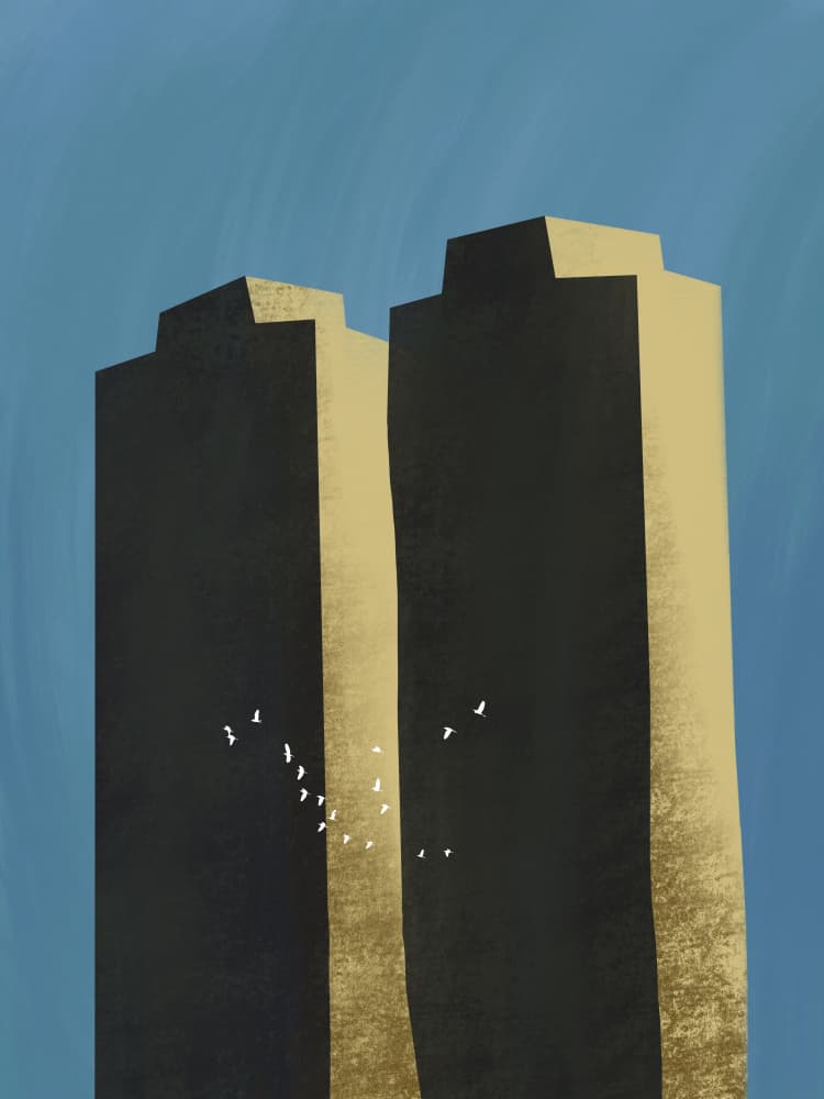 Flight Between Towers by Little Dean — canvas wall art