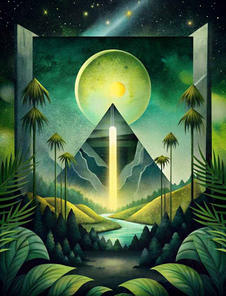 Glowing Pyramid Jungle Night by Miguel Bruzual — canvas wall art