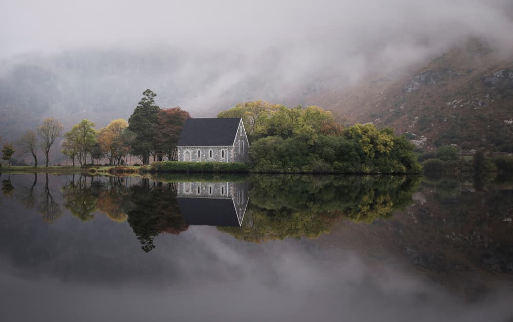 Misty Lake Church Reflection by David Ahern — canvas wall art