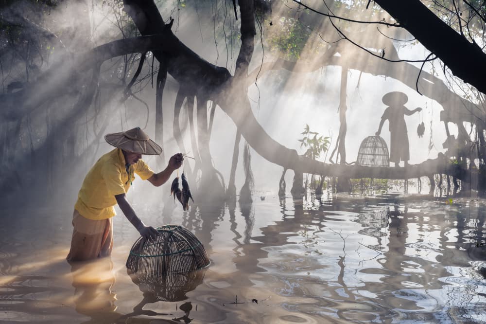 Misty Morning Fishing Tradition by woo jung choi — canvas wall art