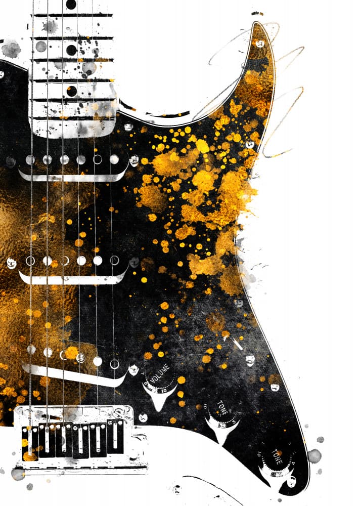 Black Gold Guitar Splash by Justyna Jaszke — canvas wall art