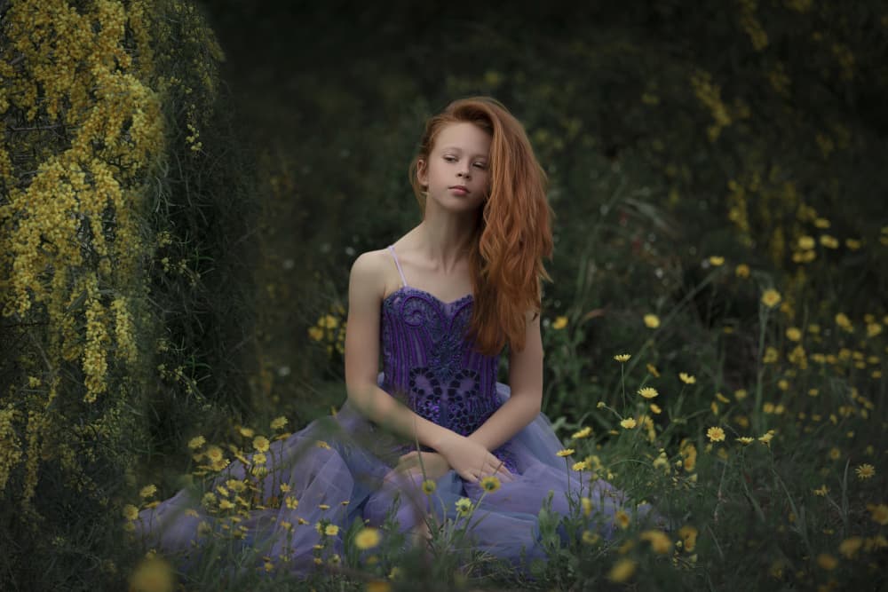 Redhead in Purple Flowers by AYMAN KHRBAWE — canvas wall art