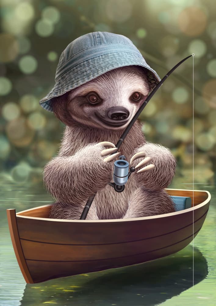 Happy Fishing Sloth by Adam Lawless — canvas wall art