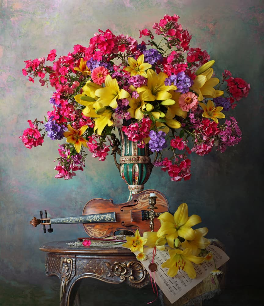 Violin and Vibrant Bouquet by Andrey Morozov — canvas wall art