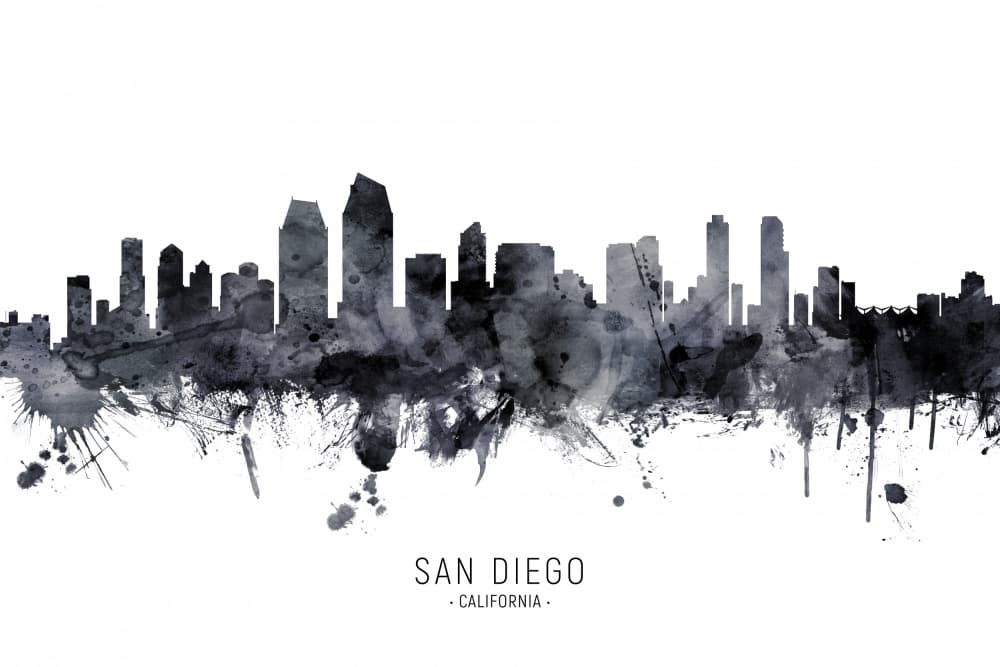 San Diego Skyline Watercolor by Michael Tompsett — canvas wall art