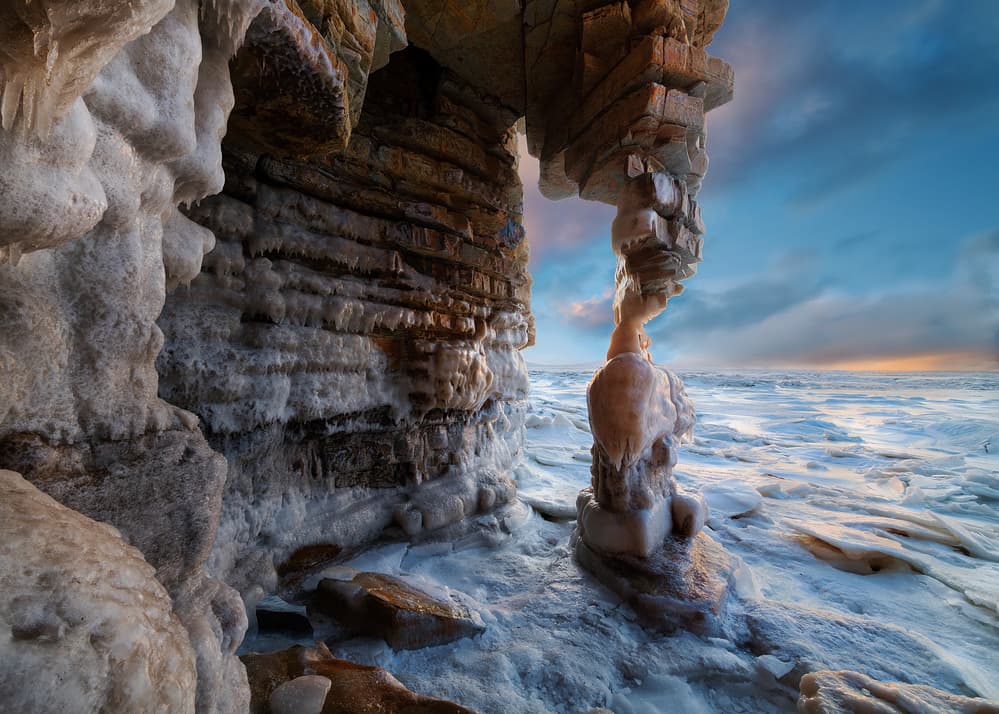 Golden Hour Ice Arch by Annie Poreider — canvas wall art