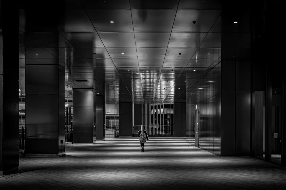 Woman Walking Modern Hallway by Yohei Kawashima — canvas wall art
