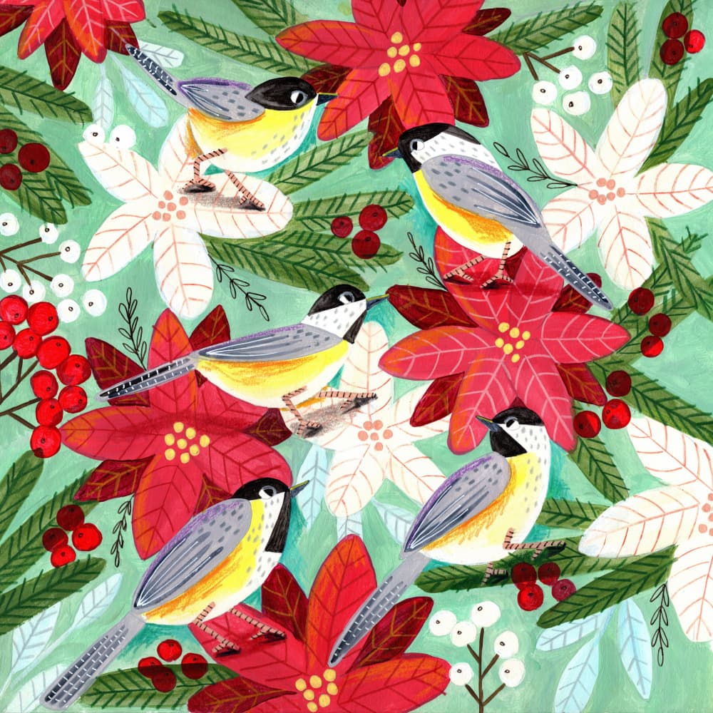 Winter birds tits and Christmas flowers by Caroline Bonne Müller — canvas wall art