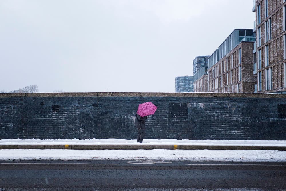 Pink Umbrella in Snow by Lorenzo Grifantini — canvas wall art