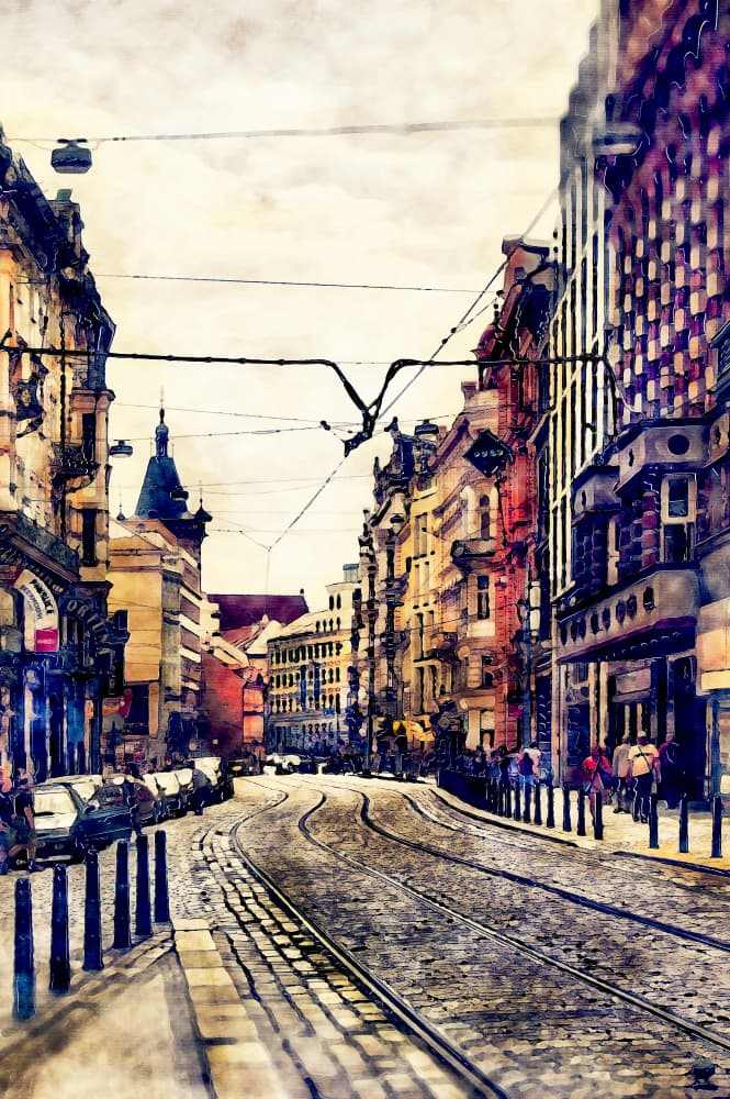 Vibrant City Tramway by Justyna Jaszke — canvas wall art