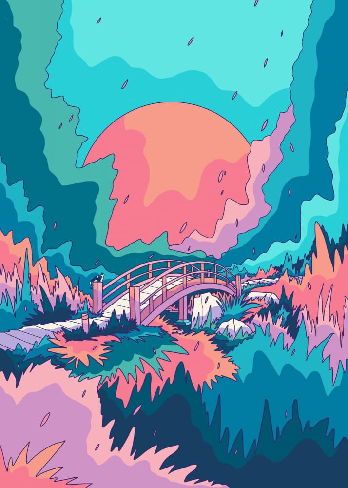 Vibrant Japanese Bridge by Stephen Wade — canvas wall art
