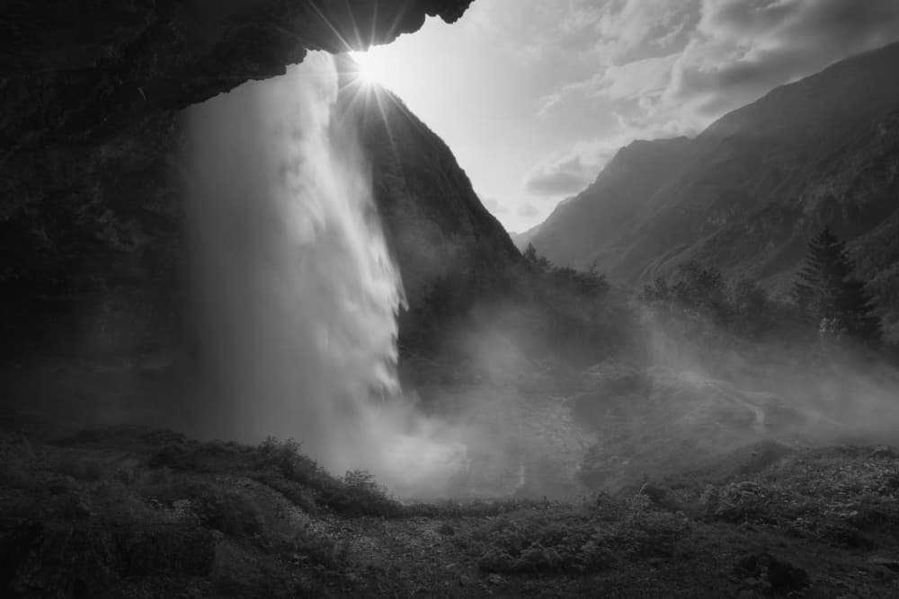 Sunlit Mountain Waterfall by Thomas de Franzoni — canvas wall art