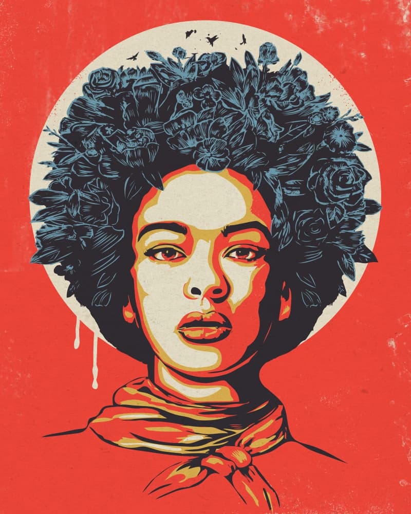 Floral Afro Woman Portrait by Balazs Solti — canvas wall art