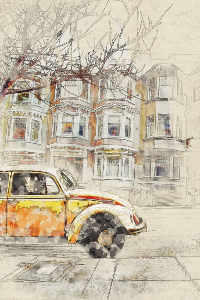 Vintage Car City Sketch by Lembayung senja studio [Vintage Poster] — canvas wall art