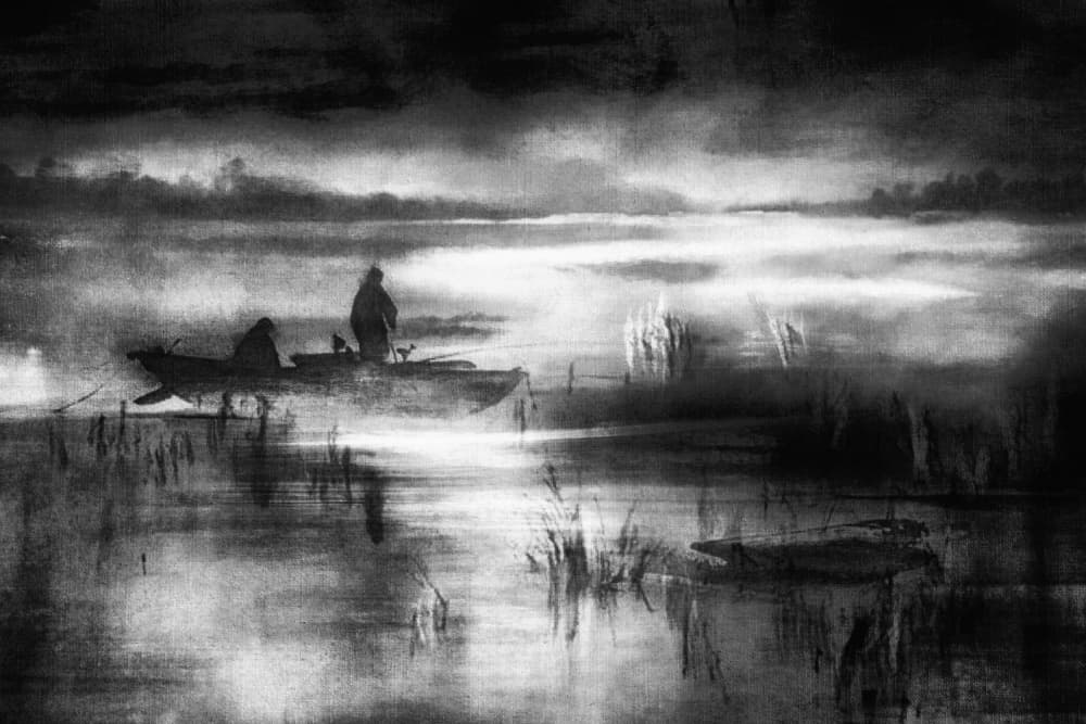 Misty Lake Boating by Charlaine Gerber — canvas wall art
