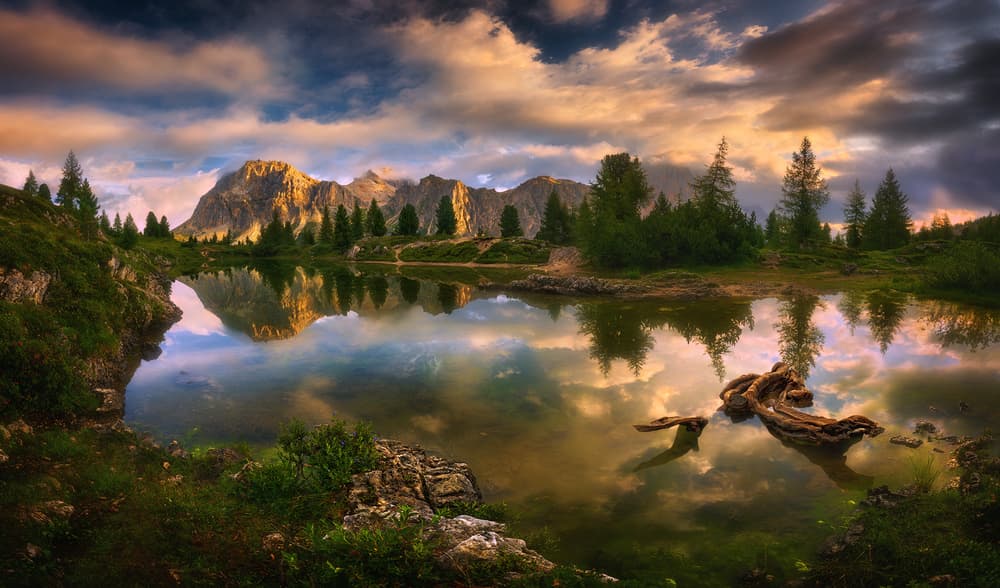 Golden Mountain Lake Reflection by Krzysztof Browko — canvas wall art