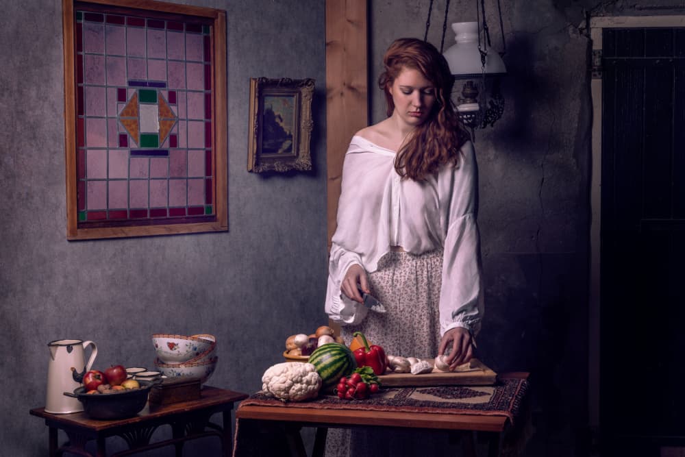 Thoughtful Woman Rustic Kitchen by Ineke Mighorst — canvas wall art