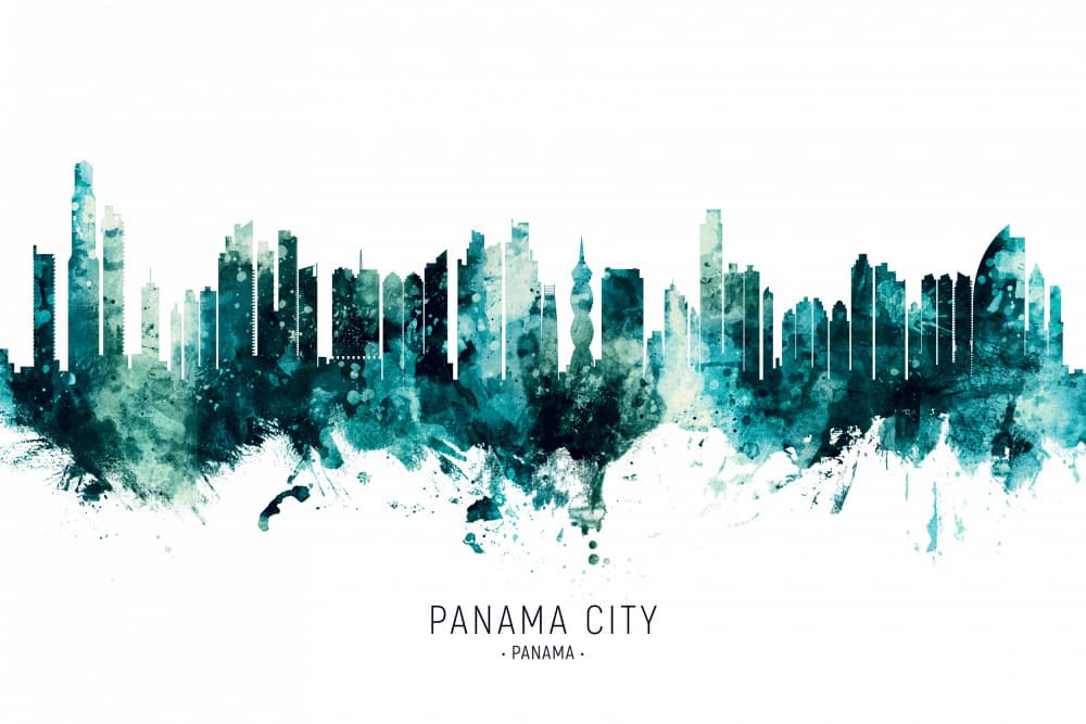 Teal Panama City Skyline by Michael Tompsett — canvas wall art