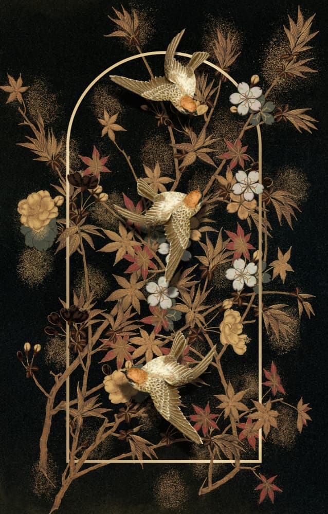 Japanese Swallows Golden Bloom by Marja van den Hurk — canvas wall art