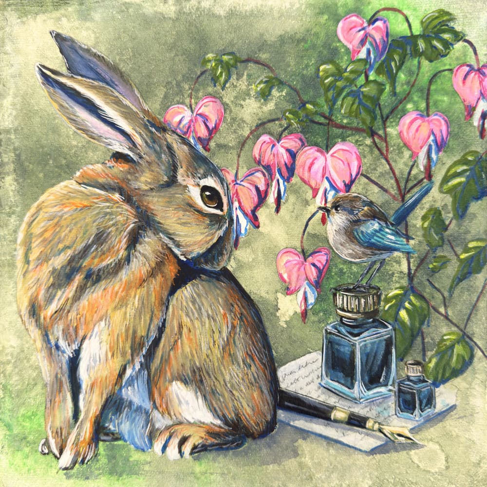 Whimsical Rabbit and Bird by Renee Machan Cottagecore Artist — canvas wall art