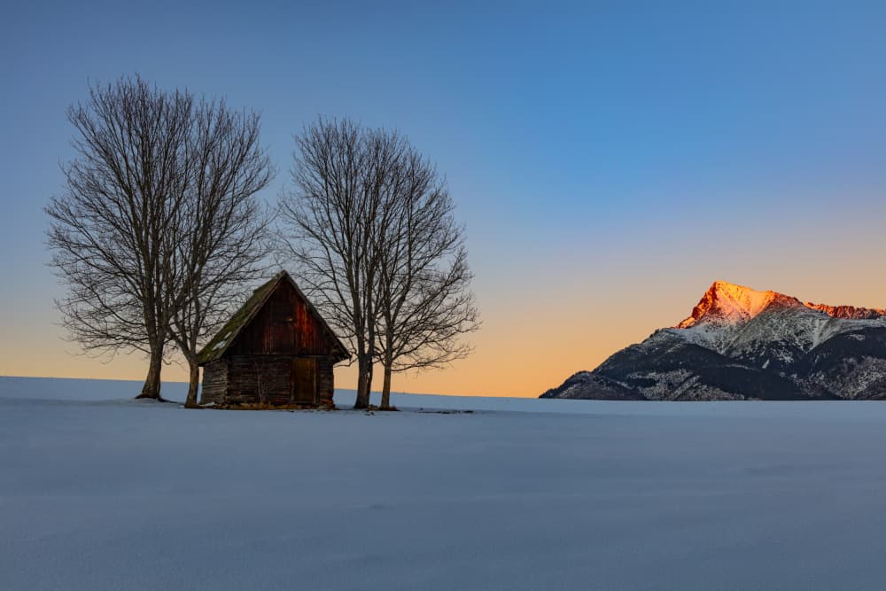 Rustic Cabin Winter Sunrise by Peter Hrabinsky — canvas wall art