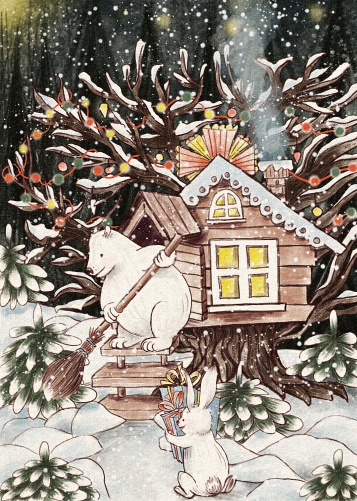 Snowy Treehouse Friends by Olena Kovalova — canvas wall art