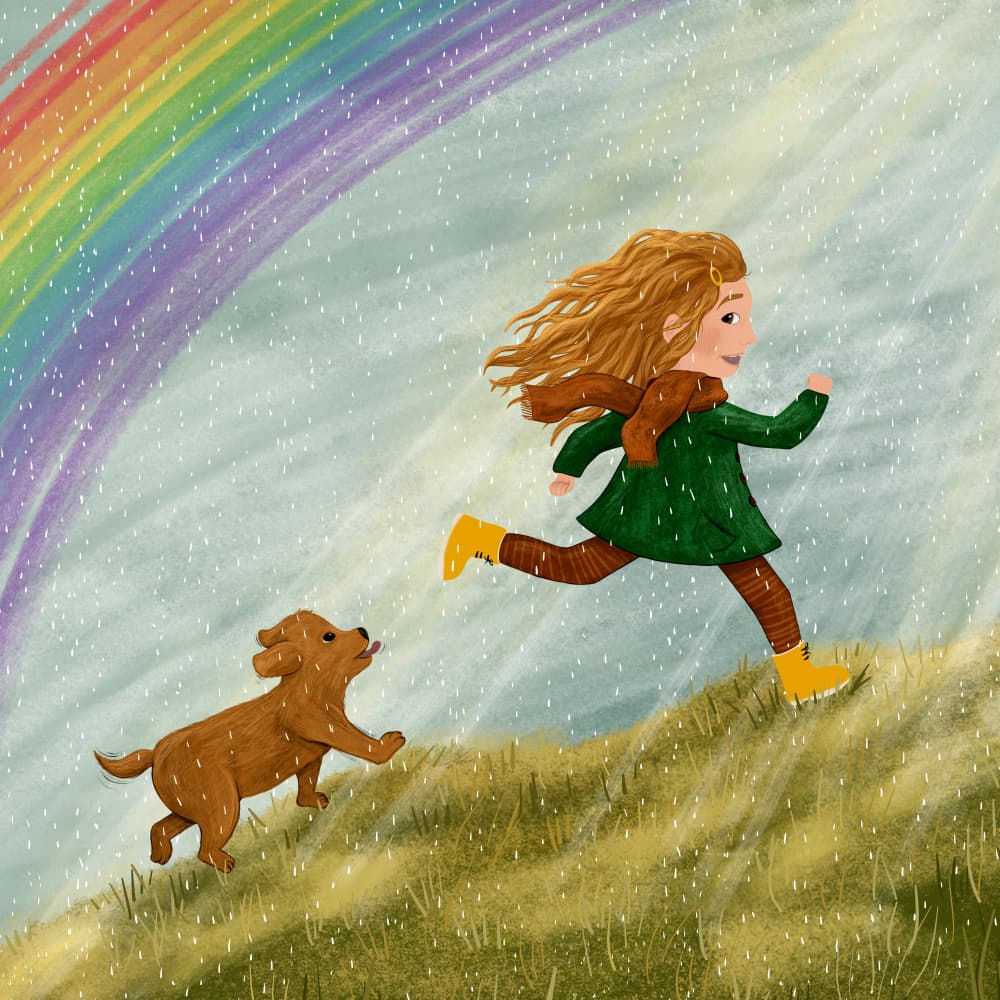 Joyful Run Under Rainbow by EMELIEmaria — canvas wall art