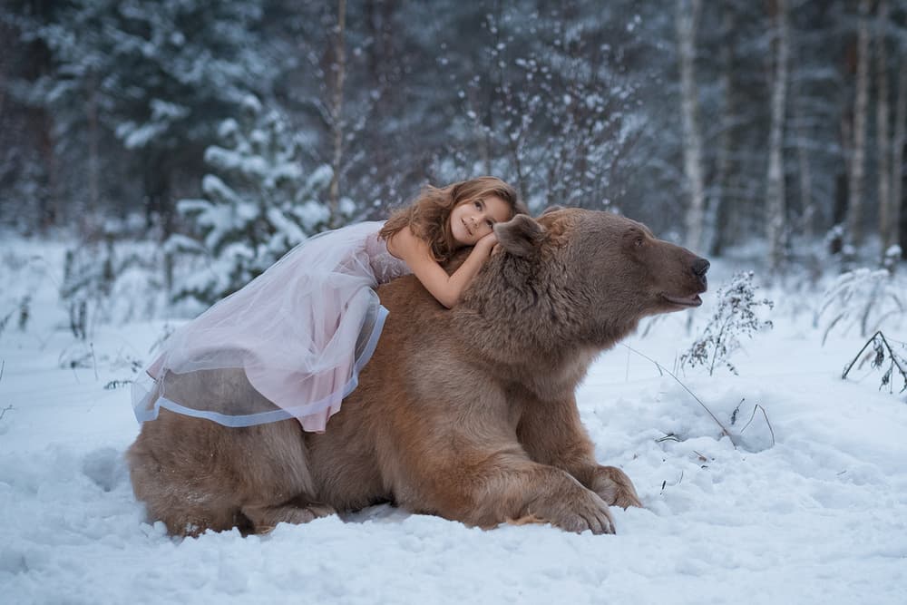 Girl and Bear in Winter by Olga Barantseva — canvas wall art