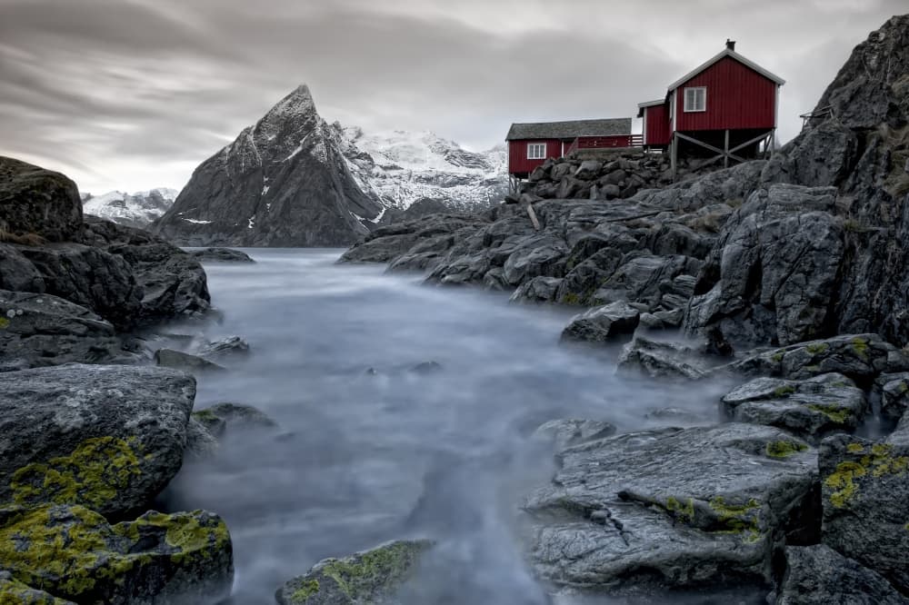 Misty Fjord Red Cabins by Liloni Luca — canvas wall art