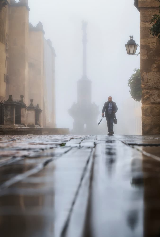 Man Walking Foggy Street by Juan Luis Seco — canvas wall art