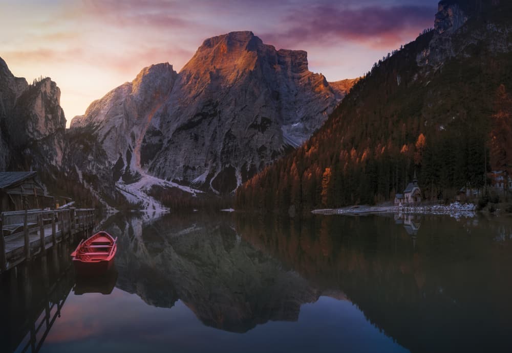 Red Boat Alpine Lake by joanaduenas — canvas wall art